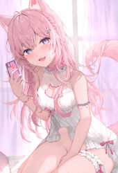  1girl absurdres animal_cutout animal_ears antenna_hair armlet bare_shoulders blue_eyes blush bracelet braid breasts cellphone choker cleavage cleavage_cutout clothing_cutout commentary crown_braid curtains fang fingernails frilled_choker frilled_thigh_strap frills groin hair_ornament hairclip hakui_koyori hakui_koyori_(summer) hand_between_thighs head_tilt highres holding holding_phone hololive jewelry koyokurosuki large_breasts long_hair looking_at_viewer multicolored_eyes nail_polish navel nightgown no_panties open_mouth phone pink_choker pink_hair pink_nails pink_ribbon pink_tail purple_eyes ribbon smartphone smile solo sweat tail thigh_strap thighs tongue two-tone_choker two-tone_eyes virtual_youtuber white_choker white_nightgown window wolf_cutout wolf_ears wolf_girl wolf_tail 