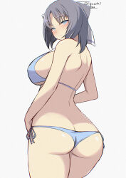 1girl absurdres ass back bikini blue_bikini blue_eyes blush breasts butt_crack chimunge grey_hair hair_ribbon highres large_breasts looking_back ribbon senran_kagura senran_kagura_burst senran_kagura_burst_re:newal senran_kagura_estival_versus senran_kagura_shinovi_versus signature solo swimsuit white_background yumi_(senran_kagura)