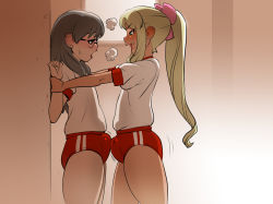 2boys :d black_hair blonde_hair blue_eyes blush bulge bulge_press bulges_touching buruma crossdressing dark_skin doomcomic frottage glasses gym_uniform heavy_breathing josou_seme long_hair male_focus multiple_boys open_mouth original penis penises_touching ponytail smile sweat trap trap_on_trap yaoi rating:Explicit score:546 user:danbooru