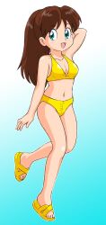 bikini bikini_bottom bikini_top blue_eyes brown_hair child feet genji_tsuushin_agedama heike_ibuki highres legs loli official_art ponytail sandals smile swimsuit tenpuraken 