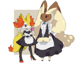  2others animal_ears apron black_dress black_sclera braixen buneary claws closed_mouth colored_sclera crossed_arms dress duster fox_ears fox_tail furry gen_4_pokemon gen_6_pokemon hatenakayubi high_heels looking_at_viewer lopunny maid maid_apron multiple_others nintendo other_focus pink_eyes pokemon pokemon_(creature) rabbit_ears ribbon smile standing tail white_apron white_ribbon 