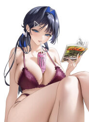  1girl alternate_hairstyle black_hair blue_eyes blue_hair book bra breasts bubble_tea_challenge can can_between_breasts colored_inner_hair commentary crossed_legs drinking_straw drinking_straw_in_mouth hair_intakes hair_ornament hairclip hand_up hashtag-only_commentary highleg highleg_panties highres holding holding_book hololive hololive_english initial_d lace lace-trimmed_bra lace_trim large_breasts lingerie long_hair looking_at_viewer lyusiola manga_(object) monster_energy multi-strapped_panties multicolored_hair ouro_kronii panties purple_bra purple_panties simple_background solo triangle_hair_ornament underwear underwear_only virtual_youtuber white_background 