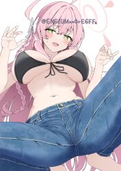  1girl :d absurdres adversarial_noise ahoge bare_arms barefoot bikini bikini_top_only black_bikini blue_archive blue_pants blush bow braid breasts bright_pupils casual commentary crotch_focus denim fingernails foreshortening from_below front-tie_bikini_top front-tie_top furrowed_brow green_eyes hair_between_eyes hair_bow hair_intakes halo hanako_(blue_archive) hands_up highres jeans knees_out_of_frame large_breasts long_hair looking_at_viewer navel open_mouth pants pink_hair pink_halo simple_background smile solo spread_legs squatting stomach sweatdrop swimsuit twitter_username very_long_hair white_background white_bow white_pupils yamano_rokamizu 