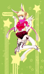  1girl animal_ears arrow_(projectile) black_panties blonde_hair blush boots breasts commentary_request crodire dragon_nest elbow_gloves fingerless_gloves full_body gloves green_background holster jumping looking_at_viewer medium_breasts miniskirt open_mouth panties pointy_ears quiver rabbit_ears red_shirt red_skirt shirt skirt solo star_(symbol) star_symbol_background tempest_(dragon_nest) thigh_boots thigh_holster underwear white_boots white_gloves 