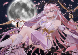  1girl adapted_costume bare_shoulders bell boots branch breasts commentary_request diamond-shaped_pupils diamond_(shape) elysia_(herrscher_of_human:_ego)_(honkai_impact) elysia_(honkai_impact) fuji4o full_moon gloves highres honkai_(series) honkai_impact_3rd large_breasts leotard long_hair moon night night_sky pink_hair purple_eyes sky solo star_(sky) starry_sky symbol-shaped_pupils triquetra veil very_long_hair white_boots white_gloves white_leotard white_veil 