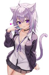  1girl :3 adapted_costume ahoge animal_collar animal_ear_fluff animal_ears black_collar black_jacket black_skirt blue_hair breasts cat_ears cat_girl cat_tail cleavage collar collared_shirt colored_inner_hair commentary_request cowboy_shot dress_shirt fang hair_between_eyes heart highres hololive jacket large_breasts looking_at_viewer medium_hair messy_hair miniskirt multicolored_hair neck_ribbon nekomata_okayu nekomata_okayu_(oversized_shirt) official_alternate_costume open_clothes open_jacket pink_nails pleated_skirt purple_eyes purple_hair purple_ribbon ribbon shirt simple_background skirt solo standing tail tooo88 v virtual_youtuber white_background white_shirt 