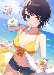  1girl alternate_costume bikini bikini_under_shorts black_hair blue_eyes blue_shorts blue_sky breasts cleavage cloud commentary_request copyright_notice cosplay day denim denim_shorts food food_in_mouth front-tie_bikini_top front-tie_top halterneck highleg highleg_bikini holding holding_swim_ring hololive innertube large_breasts looking_at_viewer navel ocean official_art oozora_subaru oozora_subaru_(cosplay) oozora_subaru_(hololive_summer_2019) open_fly outdoors popsicle popsicle_in_mouth shigure_ui short_hair short_shorts shorts sky solo suba_tomo_(big) suba_tomo_(small) swept_bangs swim_ring swimsuit virtual_youtuber yellow_bikini 