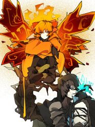  1boy 1girl ardor_blossom_star_(e.g.o) black_cape black_dress black_gloves black_hood black_pantyhose blue_shirt bow brown_hair brown_hairband brown_shoes butterfly_wings cape closed_mouth dress e.g.o_(project_moon) fairy fiery_hair fiery_wings full_body gloves gmno_6 gregor_(project_moon) hair_bow hairband holding insect_wings ishmael_(project_moon) jacket lantern_(e.g.o) limbus_company long_hair long_sleeves looking_at_viewer monocle mouth_hold orange_eyes orange_hair orange_jacket pantyhose plant_roots ponytail project_moon red_bow shirt shoes simple_background sitting stalk_in_mouth white_background wings wooden_arm 