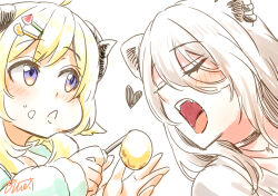  2girls animal_ears blonde_hair blueta9810 cheek_bulge choker eyelashes fangs feeding female_focus food food_on_face grey_hair hair_between_eyes hair_ornament hairclip hololive horns lion_ears long_hair multiple_girls open_mouth purple_eyes sheep_girl sheep_horns shishiro_botan shishiro_botan_(casual) takoyaki tsunomaki_watame tsunomaki_watame_(loungewear) virtual_youtuber  rating:General score:1 user:orochijes