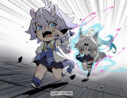  2girls animal_ear_fluff animal_ears artist_name artofmiin asymmetrical_gloves bailu_(honkai:_star_rail) bare_shoulders belt black_boots black_dress black_gloves black_shorts blue_eyes blue_hair blue_shirt boots braid child chinese_clothes clenched_hands closed_mouth coat commentary detached_sleeves dragon_girl dragon_horns dragon_tail dress energy english_commentary eyeshadow feixiao_(honkai:_star_rail) floating_clothes floating_hair forehead_jewel fox_ears fox_girl full_body gloves gradient_hair hair_between_eyes hand_up high_ponytail highres honkai:_star_rail honkai_(series) horns lapels long_hair long_sleeves looking_at_another looking_back low-braided_long_hair low-tied_long_hair makeup mismatched_gloves multicolored_hair multiple_girls open_mouth parted_bangs ponytail purple_hair red_eyeshadow red_gloves red_ribbon ribbon running shadow shirt shorts simple_background sleeveless sleeveless_dress sleeveless_shirt smile sweat tail teeth thigh_strap two-tone_dress v-shaped_eyebrows white_background white_belt white_coat white_dress white_hair white_sleeves wide_sleeves 