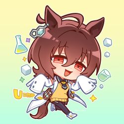  1girl agnes_tachyon_(umamusume) ahoge animal_ear_piercing animal_ears bandolier beaker belt black_necktie black_pantyhose black_shirt brown_hair chemical_structure chibi chibi_only collared_shirt commentary_request earrings erlenmeyer_flask flask full_body hair_between_eyes highres horse_ears horse_girl horse_tail jewelry lab_coat long_sleeves looking_at_viewer mazu1kan necktie open_clothes open_mouth pantyhose red_eyes shirt shoes single_earring sleeves_past_fingers sleeves_past_wrists solo sweater_vest tail test_tube umamusume white_shoes yellow_sweater_vest 