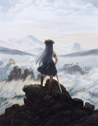1girl above_clouds amibazh blue_hair boots cloud cloudy_sky commentary_request day dress female_focus fine_art_parody food from_behind fruit full_body hair_blowing hat hinanawi_tenshi knee_boots layered_dress leaf long_hair mountain parody peach short_sleeves sky solo standing sword_of_hisou touhou very_long_hair wanderer_above_the_sea_of_fog wind rating:Sensitive score:15 user:danbooru