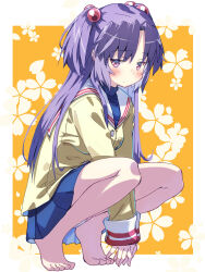  1girl akayama_yukihe barefoot between_legs blazer blue_skirt blush border clannad closed_mouth commentary_request feet frown full_body hair_bobbles hair_ornament hand_between_legs highres hikarizaka_private_high_school_uniform ichinose_kotomi jacket jitome long_hair looking_at_viewer miniskirt orange_background outside_border pleated_skirt purple_eyes purple_hair sailor_collar school_uniform serafuku sidelocks simple_background skirt solo squatting straight_hair tiptoes toes two_side_up v_arms white_border white_sailor_collar yellow_jacket 