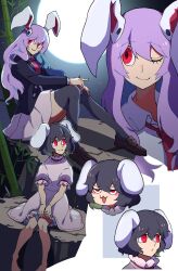  2girls animal_ears bamboo bamboo_forest barefoot black_jacket black_thighhighs blazer bloomers boots breasts brown_boots carrot_necklace closed_mouth collared_shirt dress eyelashes floppy_ears forest full_body full_moon happy iganashi1 inaba_tewi jacket jewelry long_hair medium_breasts moon multiple_expressions multiple_girls multiple_views nature necklace necktie night one_eye_closed open_mouth pink_dress pink_skirt pleated_skirt puckered_lips puffy_short_sleeves puffy_sleeves purple_hair rabbit_ears red_eyes red_necktie reisen_udongein_inaba shirt short_sleeves sitting skirt smile thighhighs touhou underwear very_long_hair white_bloomers 