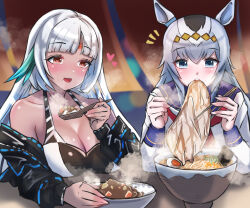  2girls absurdres alisa_(11749711) animal_ears azur_lane bowl chopsticks crossover curry curry_rice dark-skinned_female dark_skin eating facial_mark food forehead_mark heart highres holding holding_chopsticks horse_ears horse_girl long_hair massachusetts_(azur_lane) multiple_girls noodles notice_lines oguri_cap_(umamusume) ramen rice spoon umamusume upper_body white_hair 