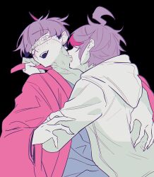  2boys ahoge bite_mark bite_mark_on_neck black_background blood blood_in_mouth blush clothes_tug earrings eye_print eyepatch grey_kimono hand_on_another&#039;s_arm hand_on_another&#039;s_back haori highres hood hoodie japanese_clothes jewelry kimono looking_at_another male_focus mito_(commando_seagal) multicolored_hair multiple_boys nose_blush omokage_yugamu pink_haori print_eyepatch purple_hair red_streaks short_hair simple_background smile streaked_hair sumino_takumi teeth the_hundred_line_-last_defense_academy- white_hoodie yaoi 