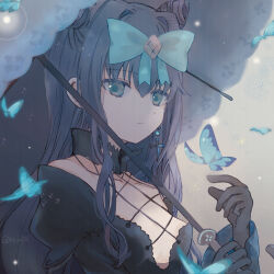  1girl arcaea black_dress black_gloves black_hair blue_bow blue_butterfly blue_eyes bow breasts bug butterfly closed_mouth cone_hair_bun cross cross-laced_clothes cross-laced_dress cross_earrings double_bun dress earrings gloves hair_between_eyes hair_bow hair_bun hair_intakes highres holding holding_umbrella insect jewelry juliet_sleeves long_sleeves looking_at_viewer natonatofull parasol puffy_sleeves sidelocks single_earring small_breasts solo tairitsu_(arcaea) tairitsu_(tempest)_(arcaea) umbrella upper_body 