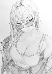  1girl absurdres breasts cleavage closed_mouth commentary_request cowboy_shot denim earrings eyelashes from_above glasses graphite_(medium) greyscale highres jeans jewelry large_breasts lensia long_hair looking_at_viewer looking_over_eyewear monochrome original pants removing_jacket smile solo standing tank_top traditional_media 