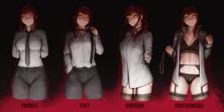 1girl abs absurdres black_bra black_necktie black_panties blush bra breasts chainsaw_man cleavage closed_mouth collared_shirt curtain_call_challenge_(meme) highres large_breasts lingerie looking_at_viewer looking_away makima_(chainsaw_man) medium_hair meme multiple_views navel necktie numanoan open_clothes open_shirt panties red_hair shirt smile thighhighs unbuttoned unbuttoned_shirt underwear yellow_eyes rating:Sensitive score:72 user:danbooru