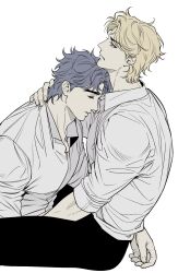  2boys black_pants blonde_hair closed_eyes closed_mouth collared_shirt commentary_request curtained_hair dio_brando grey_hair hand_on_another&#039;s_neck highres jojo_no_kimyou_na_bouken jonathan_joestar korean_commentary looking_up male_focus multiple_boys nowhere616 pants parted_lips phantom_blood shirt simple_background sleeves_rolled_up white_background white_shirt wing_collar yaoi 