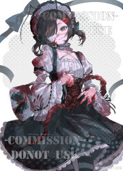  1girl absurdres black_hair blood bow dress eyepatch gothic_lolita guro hair_ornament hairclip highres lolita_fashion looking_at_viewer original pantyhose solo tacfigure 