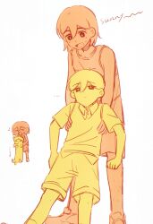  ... 2boys bailan1130 blush bright_pupils character_name chibi collarbone collared_shirt highres kel_(faraway)_(omori) kel_(omori) limited_palette longcat_(meme) male_focus meme multiple_boys omori open_mouth shirt shoes short_hair short_sleeves shorts simple_background smile sneakers socks sunny_(omori) sweatdrop sweater_vest white_background 