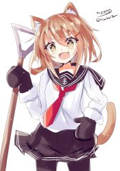 1girl anchor_symbol animal_ears black_pantyhose black_sailor_collar black_serafuku black_skirt blush brown_eyes brown_hair cat_ears cat_girl cat_tail female_focus hair_between_eyes hair_ornament hairclip highres hizaka ikazuchi_(kancolle) kantai_collection long_sleeves looking_at_viewer mittens neckerchief open_mouth pantyhose pleated_skirt sailor_collar school_uniform serafuku short_hair shovel simple_background skirt smile solo tail twitter_username white_background rating:Sensitive score:4 user:danbooru