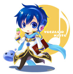  1boy :3 black_coat black_pants blue_coat blue_eyes blue_hair blush book character_name chibi chibi_only coat commentary_request copyright_name cosplay crodire cross_of_prontera crossover food full_body gold_trim headphones high_priest_(ragnarok_online) high_priest_(ragnarok_online)_(cosplay) holding holding_book holding_ice_cream_cone ice_cream ice_cream_cone kaito_(vocaloid) long_sleeves looking_at_viewer male_focus marin_(ragnarok_online) multicolored_coat musical_note open_mouth pants poring ragnarok_online short_hair slime_(creature) smile solo two-tone_coat vocaloid walking white_coat 