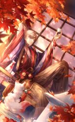  1boy arm_behind_head artist_request autumn autumn_leaves baby_animal bell blonde_hair blue_collar blue_eyes blue_jacket bottle branch choko_(cup) collar collarbone cross-laced_collar cup day detached_collar dutch_angle earrings fox full_body game_cg grey_hakama hakama hakama_pants haori high_collar highres holding holding_cup jacket japanese_clothes jewelry kimono knee_up leaf light_particles light_smile lips loen_(shining_nikki) male_focus nikki_(series) official_art outdoors pants parted_lips pectoral_cleavage pectorals red_kimono red_ribbon ribbon sake_bottle shining_nikki short_hair short_kimono shouji sitting sliding_doors solo stone_lantern stud_earrings sunlight tree two-sided_sleeves v-neck veranda white_ribbon wrist_ribbon 