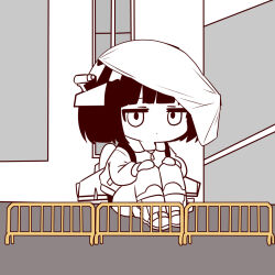  1girl aircraft airplane black_eyes black_hair chengdu_j-10 constricted_pupils horns mecha_musume mechanical_horns mechanical_wings on_ground original personification plastic_sheeting sitting wings wucandan_de_gangtanke 
