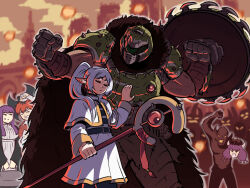  3boys 3girls :t armor aura_(sousou_no_frieren) axe battle_axe capelet clenched_hand crossover demon demon_girl disembodied_head doom:_the_dark_ages doom_(series) doomguy elf fern_(sousou_no_frieren) frieren gold_trim green_armor grey_hair hair_over_shoulder hand_up helmet highres holding holding_staff jitome knight_protecting_princess_(meme) long_sleeves looking_at_another mage_staff meme multiple_boys multiple_girls outdoors parody pointy_ears pout power_armor purple_hair red_hair shield sousou_no_frieren space_marine staff stark_(sousou_no_frieren) tina_fate twintails weapon weapon_on_back 
