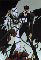  1boy black_hair black_suit chain cross cross_punisher formal_clothes gun handgun highres large_cross nicholas_d._wolfwood nightow_yasuhiro official_art short_hair skull suit sunglasses trigun trigun_maximum weapon 