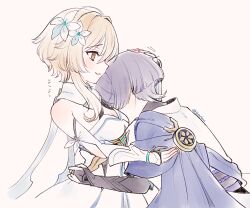  1boy 1girl amano_hotaru_(hotaama) aqua_flower arm_cutout armor belt black_belt black_gloves black_sash blonde_hair blue_cape blue_trim blunt_ends breasts bridal_gauntlets cape cleavage couple detached_sleeves dress face_in_armpit flower genshin_impact gloves gold gold_ring hair_flower hair_ornament hand_on_another&#039;s_hip headpat hetero highres japanese_armor japanese_clothes kimono knot kote kurokote leaning_forward leaning_on_person looking_at_another lumine_(genshin_impact) middle_ring multicolored_flower open_hand parted_bangs partially_fingerless_gloves purple_hair purple_rope rope sash scaramouche_(genshin_impact) scarf short_hair short_hair_with_long_locks sidelocks single_bare_shoulder single_vambrace smile twitter_username vambraces wanderer_(genshin_impact) white_background white_dress white_flower white_kimono white_scarf white_sleeves yellow_eyes 