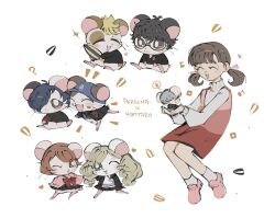  3girls 5boys ? amamiya_ren animalization armband baseball_cap black-framed_eyewear black_hair black_jacket blonde_hair blue_hair brown_hair cardigan closed_eyes commentary copyright_name crossover dandelion_seed doujima_nanako english_commentary full_body gekkoukan_high_school_uniform glasses grey_hair hair_over_one_eye hamster hamtaro_(series) hat highres iori_junpei jacket kukakooo long_hair looking_at_viewer low_twintails multiple_boys multiple_girls musical_note narukami_yu one_eye_closed one_eye_covered open_mouth persona persona_3 persona_4 persona_5 pink_cardigan pink_shoes red_armband s.e.e.s sakamoto_ryuuji school_uniform shoes short_hair shuujin_academy_school_uniform simple_background smile socks sweatdrop sweater swept_bangs takamaki_anne takeba_yukari turtleneck turtleneck_sweater twintails white_background white_hat white_socks white_sweater yasogami_school_uniform yuuki_makoto_(persona_3) 