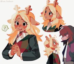  2girls ? animal_ears antlers bad_id bad_twitter_id black_eyes blonde_hair blush cropped_torso deer_antlers deer_ears deer_girl deltarune flying_sweatdrops furry furry_female grin highres horns long_hair multiple_girls multiple_views noelle_holiday open_mouth own_hands_together simple_background smile solo_focus spoken_question_mark susie_(deltarune) sweat sweater_vest twitter_username upper_body white_background wo_habum 