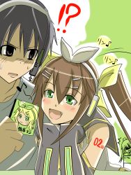  !? 1boy 2girls :d cosplay detached_sleeves fang headphones highres huang_lingyin infinite_stratos kagamine_rin kagamine_rin_(cosplay) multiple_girls name_connection open_mouth orimura_ichika voice_actor_connection shimoda_asami shinonono_houki smile tobiuo_(62masa62) vocaloid 