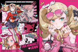  1girl ;p absurdres applying_lipstick applying_makeup bandaid bandaid_on_arm bibi_booom blonde_hair blue_eyes bow bracelet breasts bunching_hair cat_mask character_name copyright_name cosmetics cropped_sweater earrings english_text eyewear_on_head fingerless_gloves fishnet_pantyhose fishnets gloves gyaru hair_bow hand_in_own_hair hands_up headphones headphones_around_neck heart heart_earrings highres holding holding_lipstick_tube holding_own_hair hoop_earrings jewelry lipstick_tube mask midriff miniskirt morgana_(persona_5) multiple_views nail_polish navel official_alternate_costume one_eye_closed pantyhose persona persona_5 persona_5:_dancing_star_night persona_dancing pink-tinted_eyewear pink_background plaid_clothes plaid_skirt red_background red_shoes red_sweater shoes simple_background skirt solo speech_bubble star_sticker sticker_on_face stomach sunglasses sweater takamaki_anne thought_bubble tinted_eyewear tongue tongue_out twintails upper_body w 