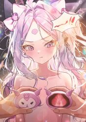  1boy 1girl absurdres ahoge blue_archive blush breasts daifuku demon_girl demon_horns food hibi2scus highres hina_(blue_archive) horns ichigo_daifuku long_hair nude off_shoulder purple_eyes sensei_(blue_archive) small_breasts wagashi white_hair 
