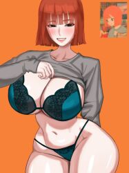  1girl arm_behind_back bad_tag black_eyes blunt_bangs blush bob_cut bra breasts cleavage clothes_lift curvy grey_shirt highres huge_breasts lace_trim lifting_own_clothes long_sleeves looking_at_viewer mole mole_on_breast navel nuo_(30340120) orange_background original panties red_hair shirt shirt_lift short_hair simple_background smile solo thick_thighs thighs underwear wide_hips 