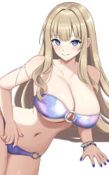  1girl arm_support armlet bare_arms bare_shoulders bead_bracelet beads bikini blonde_hair blue_bikini blue_eyes blue_nails blush bracelet breasts cleavage closed_mouth collarbone commentary_request cowboy_shot dolphin_wave hair_intakes hand_on_own_stomach highres jewelry kirahoshi_kanna large_breasts long_hair looking_at_viewer lying multicolored_bikini nail_polish navel o-ring o-ring_bikini o-ring_bottom o-ring_top on_side paid_reward_available pink_bikini purple_bikini sidelocks simple_background solo stomach strapless strapless_bikini surippa1010 swimsuit underboob very_long_hair white_background white_bikini  rating:Sensitive score:28 user:danbooru