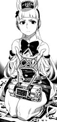  1girl animal_ears armband bare_shoulders blunt_bangs bomb bow bowtie cat&#039;s_cradle closed_mouth dress dynamite ear_bow ear_covers ear_ornament ear_ribbon explosive gloves gold_ship_(umamusume) greyscale highres horse_ears horse_girl horse_tail ireading monochrome o-ring pillbox_hat seiza sitting sleeveless sleeveless_dress solo tail umamusume white_background white_gloves 