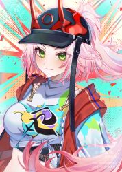  1girl absurdres baseball_cap breasts crop_top fake_horns green_eyes hat highres honkai:_star_rail honkai_(series) horned_headwear horns jacket long_hair medium_breasts midriff pink_hair ponytail rappa_(honkai:_star_rail) red_jacket sorase_610 zipper 