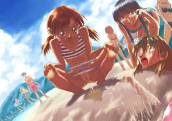 1boy 5girls 6+girls arimura_yuu barefoot beach bikini brown_hair buried cleft_of_venus cloud day dutch_angle feet glasses humiliation loli low_twintails multiple_girls ocean open_mouth original outdoors pee peeing pussy sand short_twintails sky squatting sunglasses swimsuit toes twintails uncensored what rating:Explicit score:178 user:danbooru