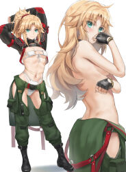  1girl absurdres arms_up belly_chain bikini black_gloves blonde_hair blush boots braid breasts cropped_jacket eyepatch_bikini fate/apocrypha fate_(series) fingerless_gloves full_body gloves green_eyes green_pants hair_ornament hair_scrunchie half_up_braid highres jewelry long_hair long_sleeves looking_at_viewer mordred_(fate) mordred_(fate/apocrypha) multiple_views navel pants parted_bangs ponytail red_scrunchie scrunchie shrug_(clothing) sidelocks small_breasts smile swimsuit tonee topless_female white_bikini 