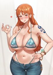  1girl 5t_(5t_000) :q absurdres bangle bare_shoulders bikini bikini_under_clothes blue_pants blush bracelet breasts brown_eyes cleavage closed_mouth collarbone commentary cowboy_shot curvy denim earrings english_commentary green_bikini halterneck handjob_gesture heart heart-shaped_pupils highleg highleg_bikini highres jeans jewelry large_breasts log_pose long_hair looking_at_viewer midriff nami_(one_piece) navel one_piece orange_hair paid_reward_available pants pearl_earrings shiny_skin shoulder_tattoo single_sidelock skindentation solo stomach string_bikini swimsuit symbol-shaped_pupils tattoo thigh_gap thong thong_bikini tongue tongue_out underboob wavy_hair whale_tail_(clothing) wide_hips  rating:Sensitive score:54 user:danbooru