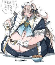 1girl apron black_dress blue_bow blush bow breast_rest breasts brooch brown_hair chest_jewel cleavage cleavage_cutout closed_eyes clothing_cutout cookie cup dress earrings food frilled_gloves frilled_hairband frills gigantic_breasts gloves hair_bow hairband heart japanese_text jewelry lace lace-trimmed_dress lace_trim long_hair maid maid_headdress necklace open_mouth original pouring saucer solo tea teacup teapot utoka white_apron white_background white_gloves