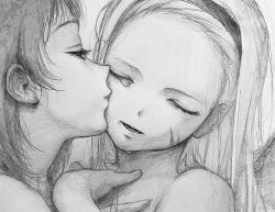  2girls bare_shoulders closed_eyes eyelashes graphite_(medium) greyscale hairband half-closed_eyes head_tilt highres kansouki kirarazaka_marina kiss kissing_cheek kuze_shizuka long_hair monochrome multiple_girls open_mouth short_hair sketch takopii_no_genzai teardrop traditional_media upper_body yuri 