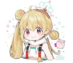  1girl 1st-mn ahoge blonde_hair chibi crop_top crown detached_hair detached_hood double_bun facial_mark hair_between_eyes hair_bun highres long_hair mini_crown red_eyes reject_(esports) star-shaped_pupils star_(symbol) stuffed_animal stuffed_toy suspenders symbol-shaped_pupils tooko_(vtuber) twintails upper_body v-shaped_eyebrows virtual_youtuber white_background 
