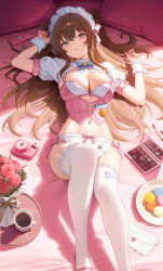  1girl 95_(jiuwujiang) absurdres apron badge blue_bow blue_bowtie blush bow bowtie breast_tattoo breasts brown_hair button_badge cellphone chinese_commentary cleavage cup envelope fingernails flower food girls&#039;_frontline girls&#039;_frontline_2:_exilium green_eyes hair_intakes hair_ribbon heart heart_print heart_tattoo highres k2_(girls&#039;_frontline) large_breasts long_hair lying macaron maid_headdress makeup_palette nail_polish navel on_back panties phone pink_nails pink_panties pink_ribbon pink_shoes pink_vest plate polaroid_camera red_flower red_rose ribbon rose shoes short_sleeves shrug_(clothing) side-tie_panties smartphone solo stomach tattoo thighhighs thighs tray two_side_up underwear vest waist_apron white_apron white_shrug white_thighhighs white_wrist_cuffs wrist_cuffs yoohee_(girls&#039;_frontline_2) 