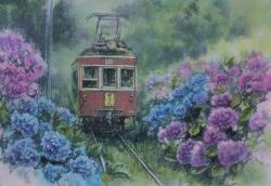  absurdres blue_flower flower highres hydrangea no_humans original outdoors painting_(medium) pantograph purple_flower railroad_tracks scenery streetcar tanamachi_yoshihiro traditional_media tree window 